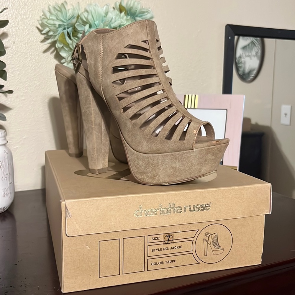 Taupe Suede chunky heel Pumps
